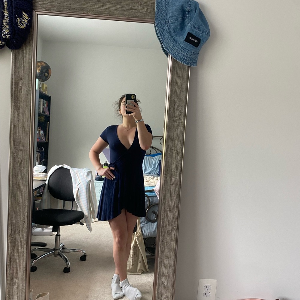Navy blue short sleeve wrap style dress